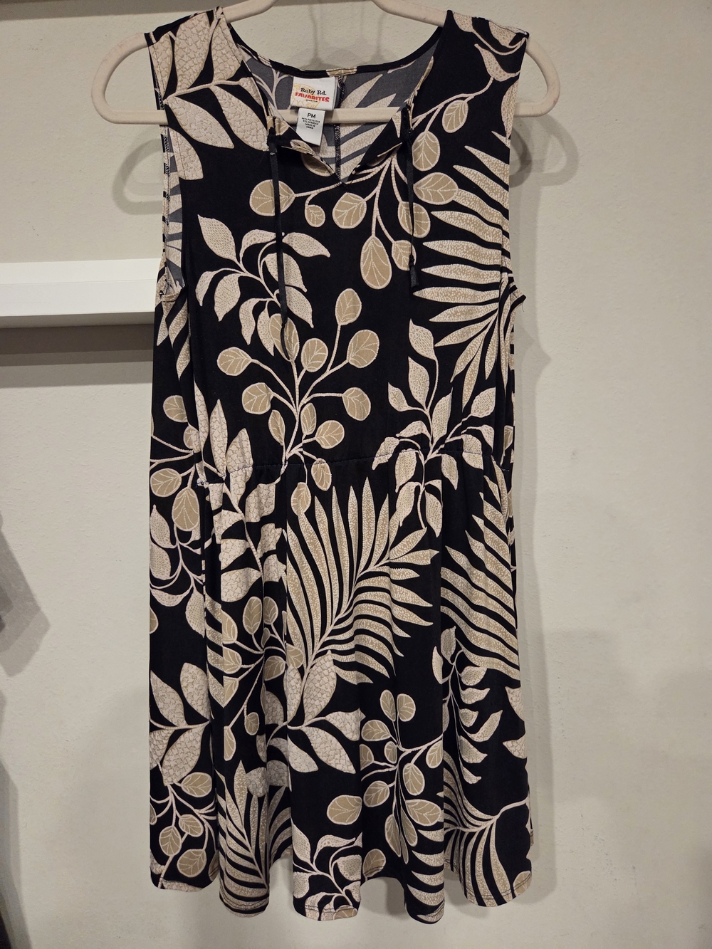 Ruby Rd. Black Dress with Cream Leaf Print